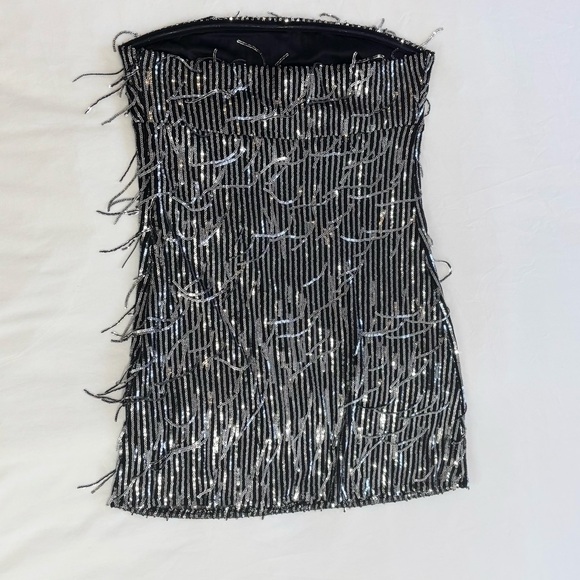 Silence + Noise Womens Black & Silver Sequins Fringe Strapless Mini Dress,Size L - Picture 2 of 14